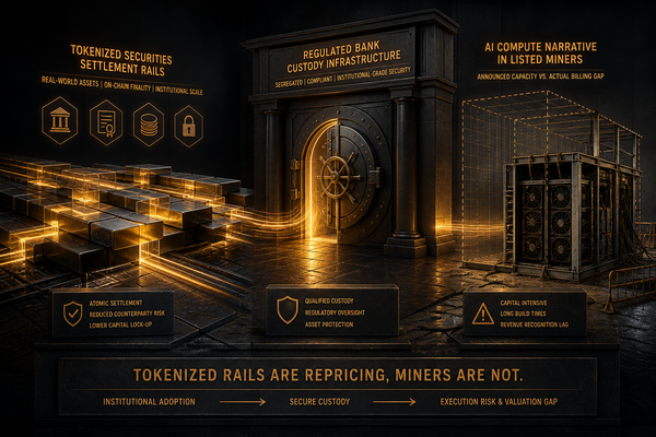 Editorial illustration for Tokenized Rails Are Repricing, Miners Are Not